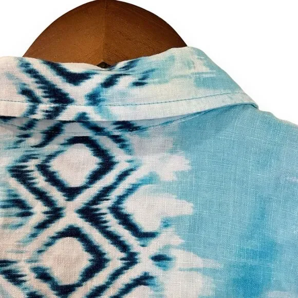 Jones New York 100% Linen Button Up Shirt M Blue Ikat 3/4 Sleeve Coastal Boho - Picture 7 of 7